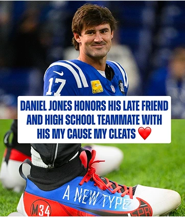 Daniel Jones in his Indianapolis Colts uniform beside the cleats honouring Sean P. Bonner Jr.